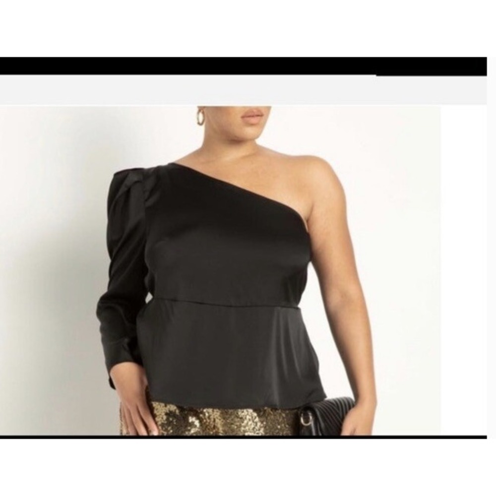 Eloquii One Shoulder Dramatic Puff Sleeve Silky Black Blouse Size 22 Peplum NWT